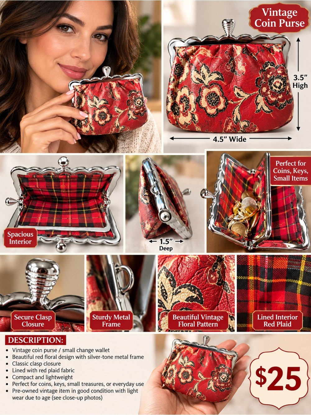 Vintage Red Floral Coin Purse - Women Bags